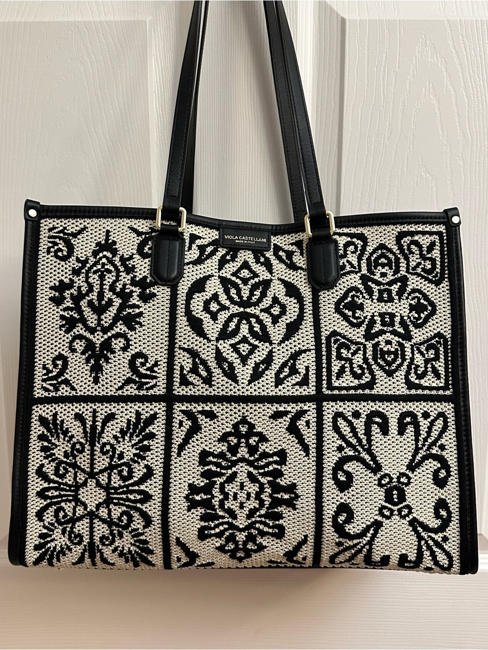 Viola Castellani Black & White Patterned Tote with Leather Trim